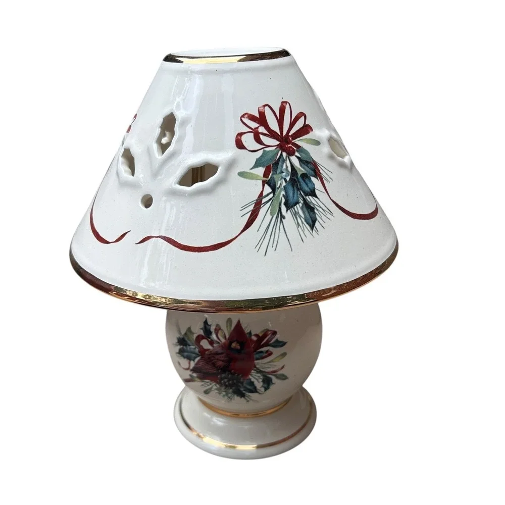 Lenox‎ Tealight Lamp Winter Greetings Cardinal Holly Gold Trim Ivory OS
